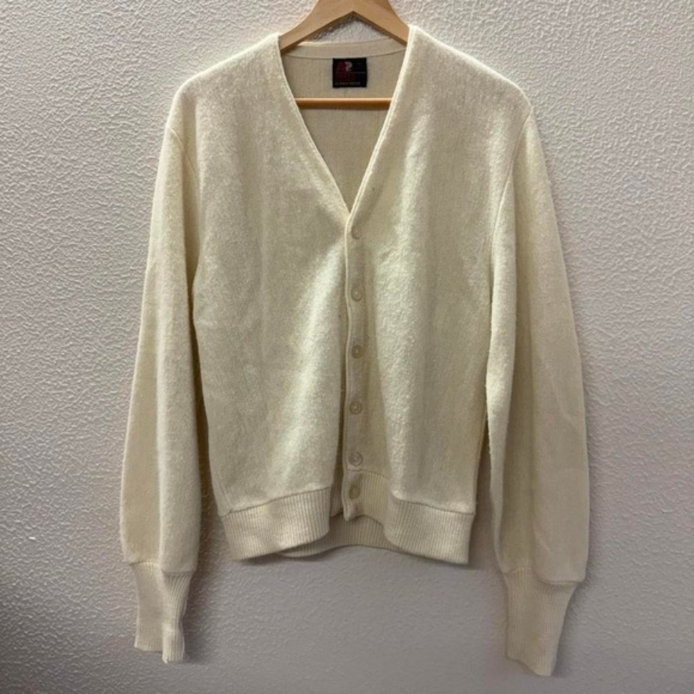 Vintage 90s Arnold Palmer cardigan sweater Cream yellow knit with buttonup front